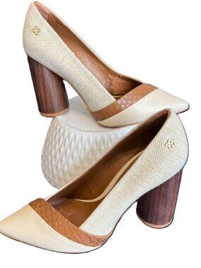 Capodarte Brazil Leather & Linen Woven Wooden Block Heel Pumps Pointed Toe 6